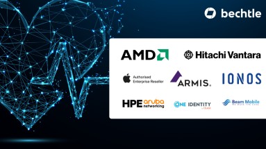 Links ist eine Grafik aus Lichtpunkten, rechts stehen Unternehmensnamen wie AMD, HPE Aruba und IONOS.