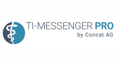 Links teilt ein Äskulapstab einen zweifarbigen Kreis, rechts steht „TI-Messenger Pro by Concat AG“.