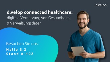 Im Bild ein Krankenpfleger und Claim: d.velop connected healthcare: digitale Vernetzung von Gesundheits- und Verwaltungsdaten'