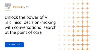 Auf dem Bild seht: ClinicalKey AI. Unlock the power of AI in clinical decision-making with conversational search at the point of