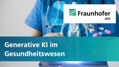 Oben rechts: Fraunhofer IAIS, unten links: Generative KI im Gesundheitswesen, Krankenschwester mit Stethoskop dahinter, Skelett 