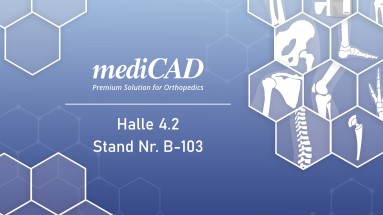 The graphic shows the mediCAD logo including the slogan “Premium Solution for Orthopedics” and the booth number.