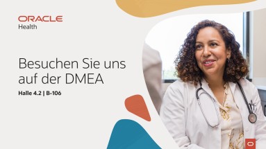 Links steht „Besuchen Sie uns auf der DMEA“. Rechts auf dem Bild ist eine Ärztin zu sehen.