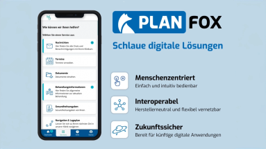 Auf einem Smartphone links sind Services wie Termine, rechts steht „PLANFOX. Schlaue digitale Lösungen” 