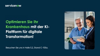 Rechts steht: Optimieren Sie Ihr Krankenhaus mit der KI-Plattform für digitale Transformation! Links zwei Personen mit Tablet