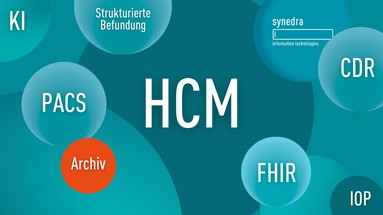 The image shows a graphic with terms such as HCM, PACS, FHIR, CDR, IOP and AI.