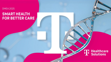 Links steht „Smart Health for better care“, in der Mitte des Bildes ist das Telekom-Logo zu sehen und rechts das Helix-Symbol