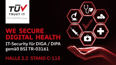 Links: We secure digital health. IT-Security für DiGA u. DiPA gemäß BSI TR-03161. Rechts: medizinische Symbole über offenen Hand