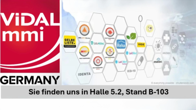 Links steht „VIDAL mmi“, unten die Hallen- und Standnummer. Rechts ist eine wabenförmige Grafik mit Begriffen wie Gelbe Liste, R