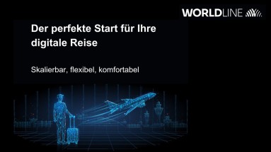 Grafik: oben steht „Worldline“, unten ein Mann mit einem Koffer und ein startendes Flugzeug.