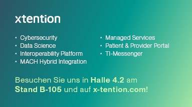 Oben steht x-tention, darunter Angebote der Firma wie Cybersecurity und Data Science, unten u.a. die Hallen- und Standnummer.